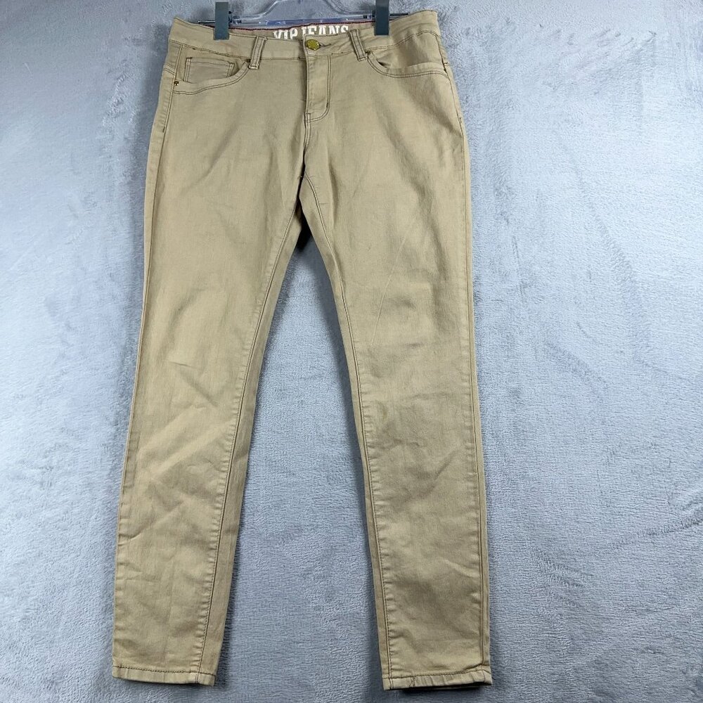 VIP Skinny Jeans Womens Size 13/14 Mid Rise Flat Front Five Design Pockets Khaki